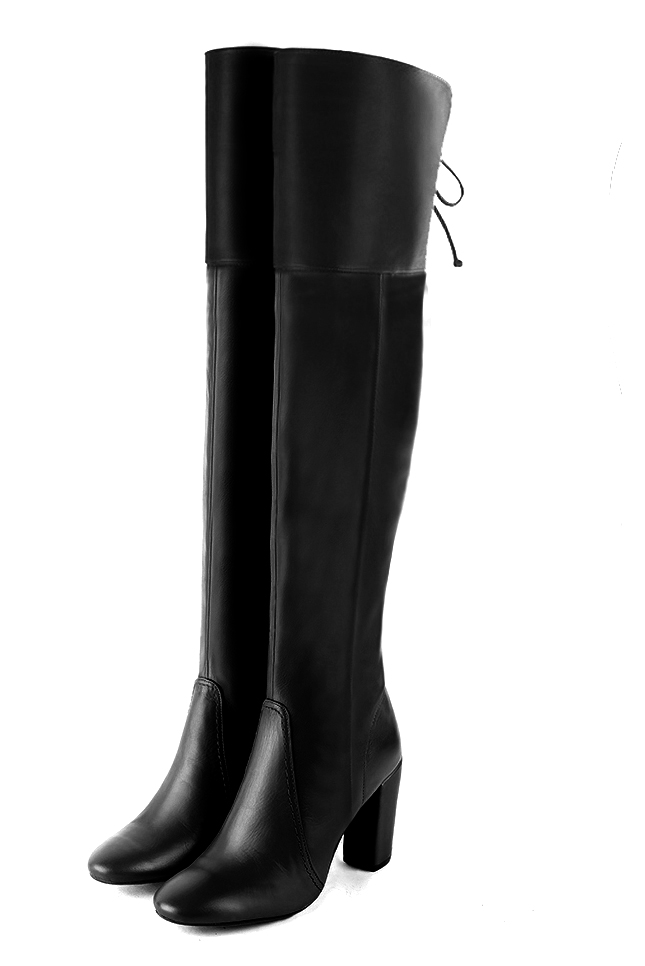 Satin black women's leather thigh-high boots. Round toe. High block heels. Made to measure - Florence KOOIJMAN